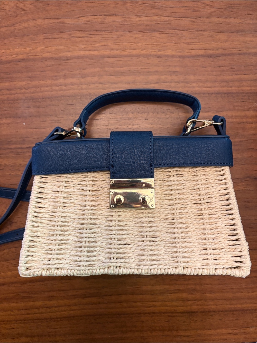 LC Lauren Conrad Navy and Natural Woven Top-Handle Crossbody Bag